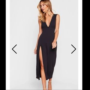 NastyGal black low plunge split leg dress - NWT